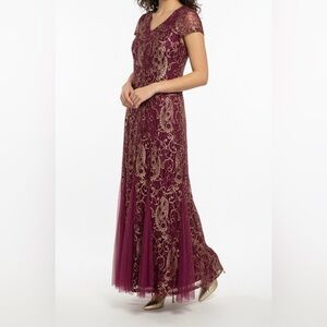 Y2K Elegant Burgundy and Gold Lace Maxi Dress Stretch